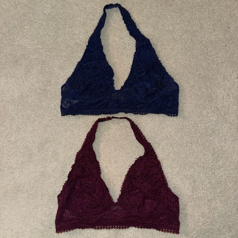 Victorias Secret Lace Halter Bralette Set in Navy Blue and Burgundy